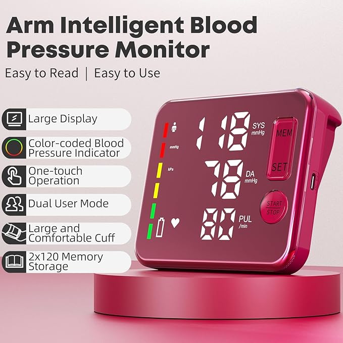 Blood Pressure Monitor Upper Arm Blood Pressure Monitors for Home Use Large Screen Rechargeable Bp Machine with 8.7"-16.5" Bp Cuff, 2x120 Memory, Voice Broadcast Bp Monitor(Red)