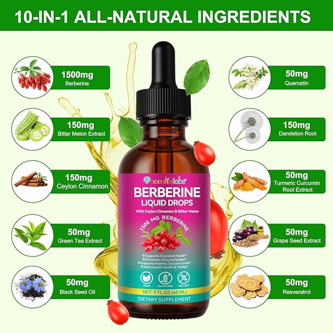 Berberine Supplement Liquid 60ml, Berberine with Ceylon Cinnamon, Berberine Drops with Turmeric Curcumin, Bitter Melon, Immune Support, Digestive Health Support