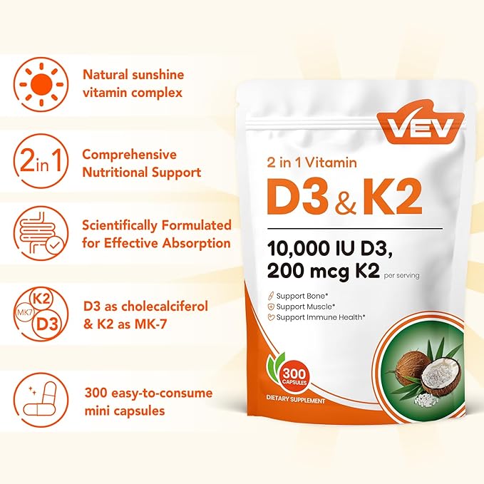 VEV Vitamin D3 K2, 10,000 IU D3, 200mcg K2 (with MK7) Corefeel, Supports Bone and Teeth Health, Dual Nutrient Support for Daily Wellness, Easy to Swallow – 300 Capsules