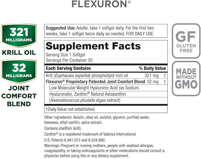 Purity Products Flexuron Joint Formula 3X Better Than Glucosamine and Chondroitin - Starts Working in just 7 Days - Krill Oil, Low Molecular Weight Hyaluronic Acid, Astaxanthin - 30 Count (3)