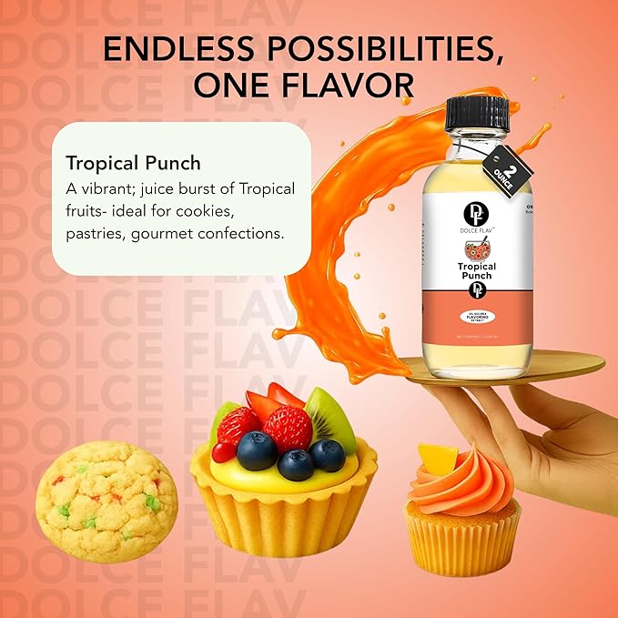 Dolce Flav Tropical Punch Extract – 2 Ounce Oil-Soluble Kosher, Sugar-Free, Concentrated Fruity Tropical Punch Flavoring for Baking, Smoothies & Desserts, Includes Measured Dropper