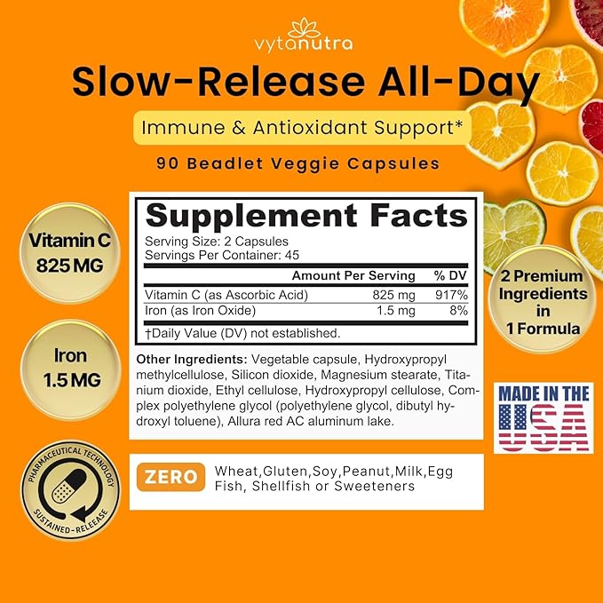 Immune Support Vitamin C – with Iron, Non-GMO, Vegan, Gluten-Free, Slow Release Beadlet Capsules, 90 Count