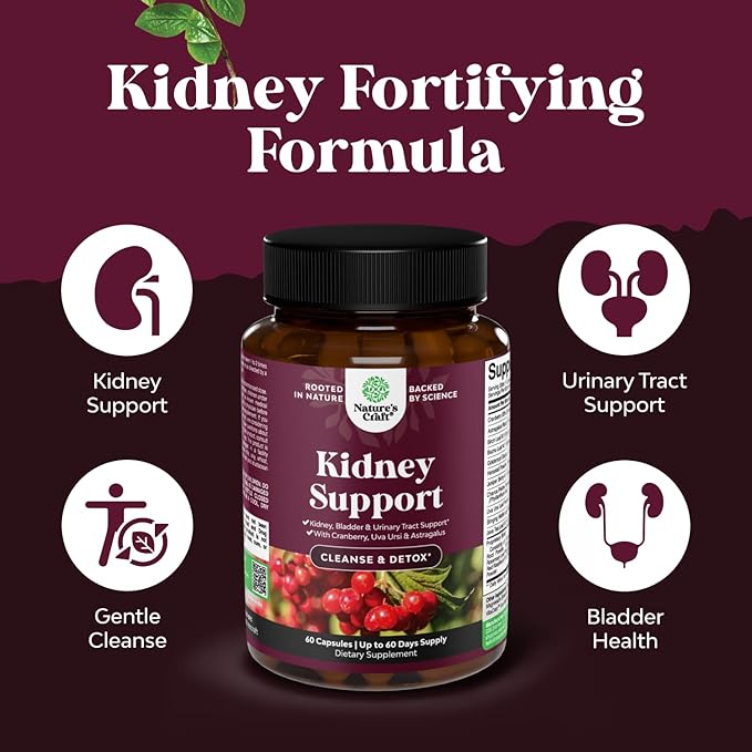 Advanced Kidney Support Supplement - Kidney Cleanse Detox & Repair Cranberry Extract Capsules with Uva Ursi, Stinging Nettle & Astragalus for Kidney Health - Urinary Tract Health - 60 Caps
