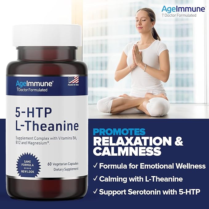 5-HTP Formula for Stress Relief and relaxation support for Teens and Adults with 5-HTP, L-Theanine, Vitamin B6, Vitamin B12, Magnesium - Doctor Formulated - Magnesium Stearate Free - 60 capsules.