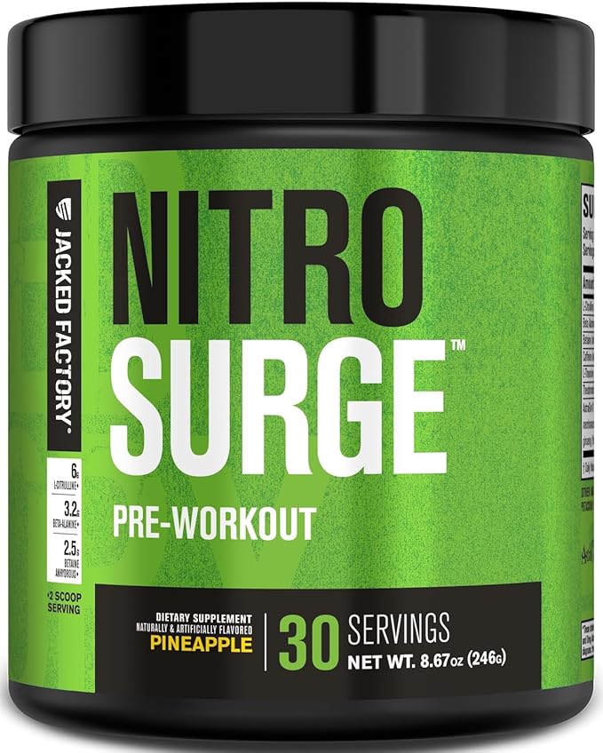 Jacked Factory NITROSURGE Pre Workout Supplement - Endless Energy, Instant Strength Gains, Clear Focus, Intense Pumps - NO Booster & Powerful Preworkout Energy Powder - 30 Servings, Pineapple