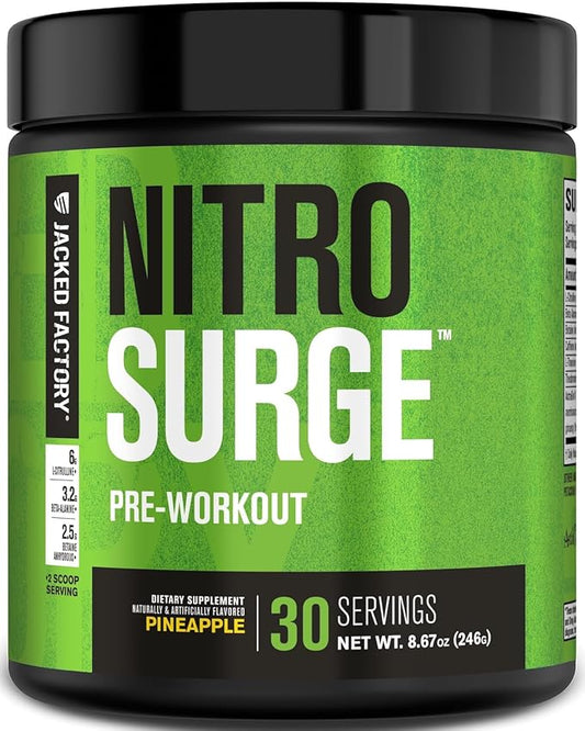 Jacked Factory NITROSURGE Pre Workout Supplement - Endless Energy, Instant Strength Gains, Clear Focus, Intense Pumps - NO Booster & Powerful Preworkout Energy Powder - 30 Servings, Pineapple
