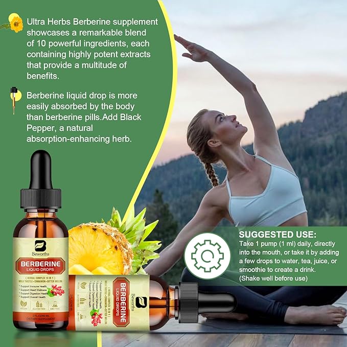 3PC Berberine Supplement with Ceylon Cinnamon - Berberine HCL Liquid Drops with Turmeric, Ceylon Cinnamon, Bitter Melon, Berberine Phytosome Activates AMPK & GLP-1 for Immune, Digestion Support
