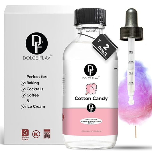 Dolce Flav Natural Cotton Candy Extract – 2 Ounce Water-Soluble Kosher, Sugar-Free, Concentrated Carnival-Style Flavoring for Baking, Frostings & Drinks, Includes Measured Dropper