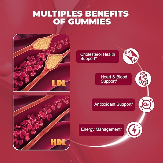 Cholesterol Supplements with Plant Sterols, Red Yeast Rice & COQ10 etc, 17-in-1 Cholesterol Complex Gummies for Heart & Cholesterol Health, Energy Support, Non-GMO, Strawbreey Flavor, 60 Gummies.
