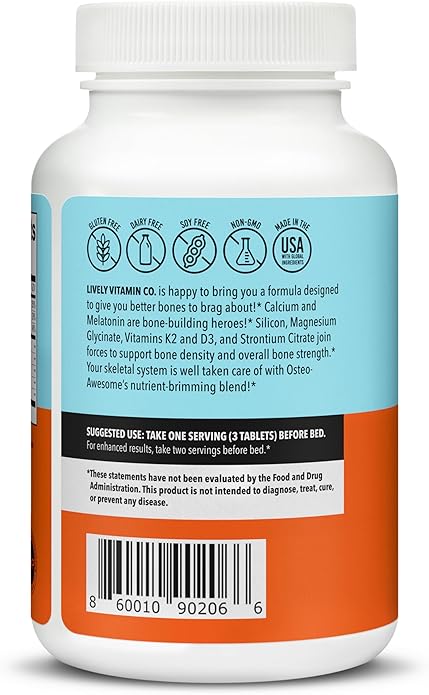 LIVELY VITAMIN CO. Osteo Awesome - Stronger Bones, Joints & Teeth - Better Bone Density - Calcium, D3, Magnesium, Boron, Silicon, Strontium, Vitamin K2, Melatonin - 90 Vegetable Capsules