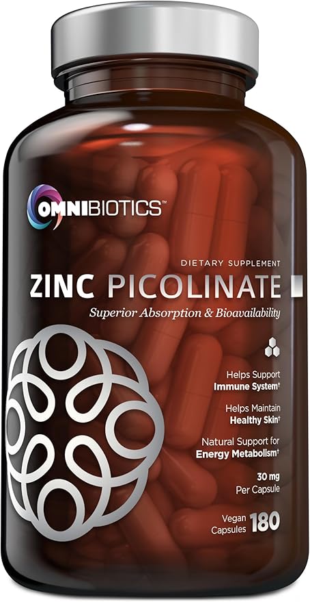 OmniBiotics Zinc Picolinate 30mg Supplement – High Absorption Zinc for Immune System, Healthy Skin, and Energy Support – 180 Vegan Capsules