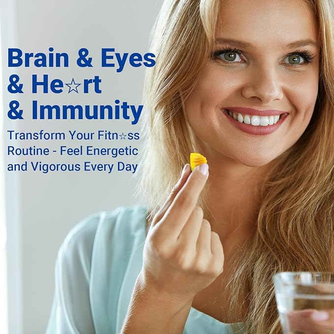 Omega 3 Gummies Vegan Fish Oil Gummies with Turmeric + CoQ10 + Vitamin C D3 K2, Fish Oil Omega 3 Supplements for Women & Men with Algae DHA & EPA for Brain & Immune Support, Sugar Free, 60 Cts
