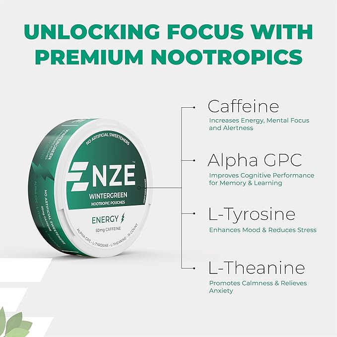 NZE Caffeine Nootropic Pouches (Wintergreen) - Energy Pouches with 50mg Caffeine, Alpha GPC, L-Tyrosine & L-Theanine with No Sugar or Artificial Sweeteners - 15 Nicotine Free Pouches Per Can - 5 Pack