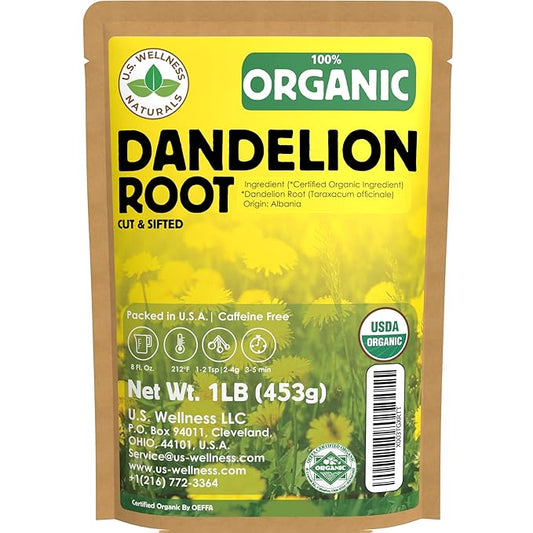 Dandelion Root Tea 1LB (16Oz) | 100% Certified Organic | Loose Dandelion Root Tea (200+ Cups) Cut and Sifted| 100% Raw Albanian Harvest | by U.S. Wellness Naturals