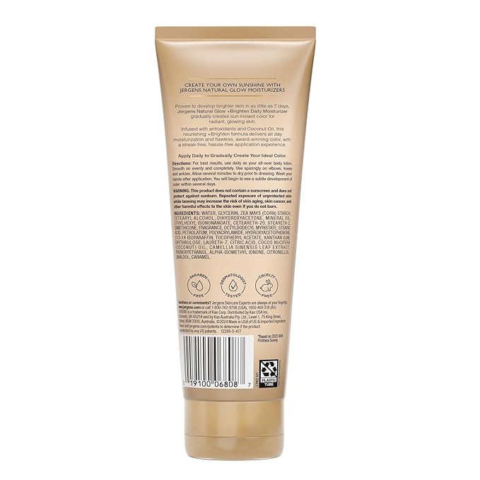 Jergens Natural Glow Self Tanner Body Lotion, Sunless Tanning, Fair to Medium Skin Tone, Daily Moisturizer with Coconut Oil, Vitamin E and Antioxidants, 7.5 Oz