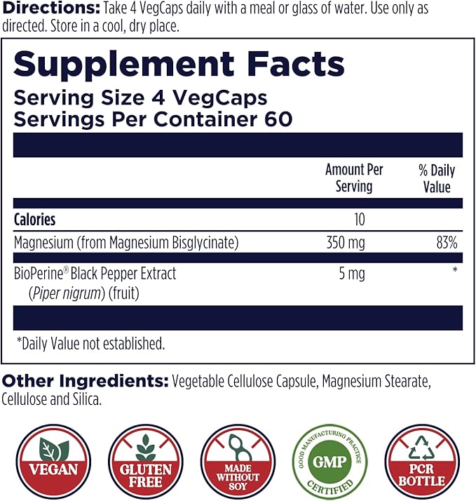 KAL Magnesium Glycinate, New & Improved Fully Chelated High Absorption Formula with BioPerine, Bisglycinate Chelate for Stress, Relaxation, Muscle & Bone Health Support, 60 Servings, 240 VegCaps