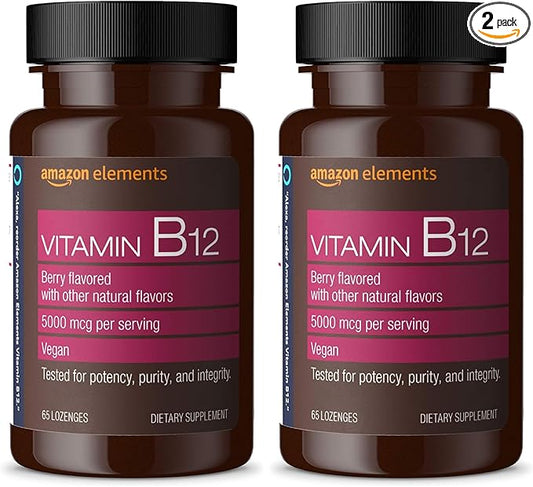 Amazon Elements Vitamin B12 Methylcobalamin 5000 mcg - Normal Energy Production and Metabolism, Immune System Support - 2 Month Supply, Berry Flavored Lozenges, 65 Count (Pack of 2)