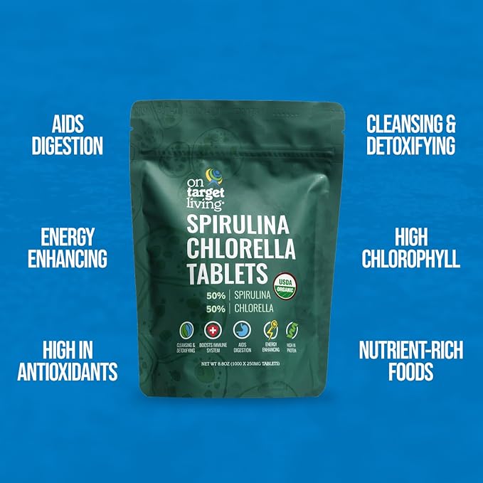 On Target Living Organic Spirulina Chlorella Travel Size | Super Greens | USDA Organic | 250 Tablets- 250 G (2.2 oz) | Vegan | Immune Support | Alkalyzing | Protein Dense