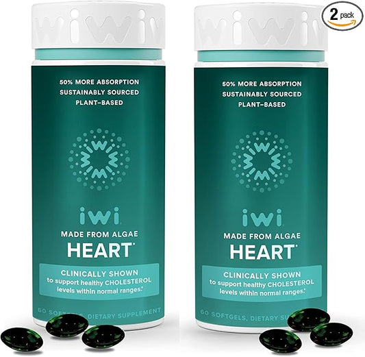 Iwi Life Heart Omega-3, 120 Softgels (60 Servings), Vegan Plant-Based Algae Omega Fatty Acids + EPA, Heart Health Support Dietary Supplement, Krill & Fish Oil Alternative, No Fishy Aftertaste