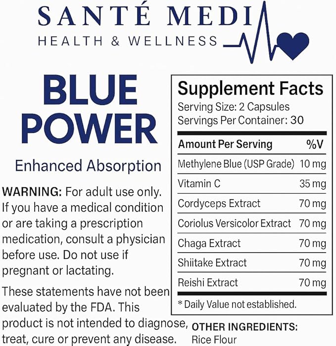 Blue Power - Methylene Blue (USP Grade) Pharma Grade - 60 Capsules with Added Vitamin C Ester for Enhanced Absorption - Brain Supplement for Memory, Focus, Clarity, Cognitive Function