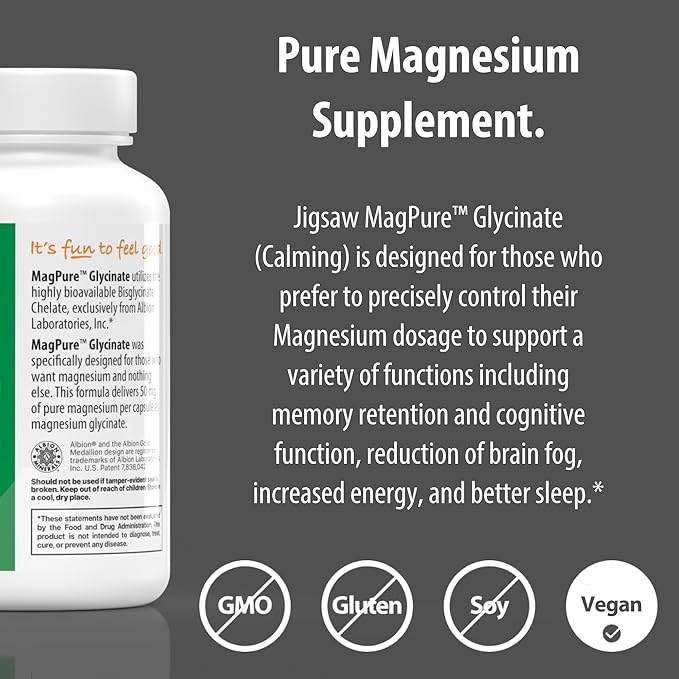 Jigsaw Health MagPure Glycinate | Premium Magnesium Glycinate Capsules | 120 Servings