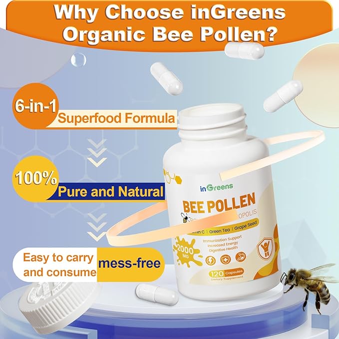 Organic 6-in-1 Bee Pollen Supplement - 2000mg Per Serving - Bee Pollen for Women & Men - Superfood for Immune & Energy Support - Non-GMO, Made in USA - 120 Capsules