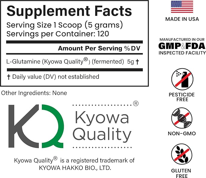 L-Glutamine 600grams (120 Servings) Unflavored, Non-GMO, Vegan Fermented, Third-Party Lab Tested. Made with Halal and Kosher Certified Ingredients.