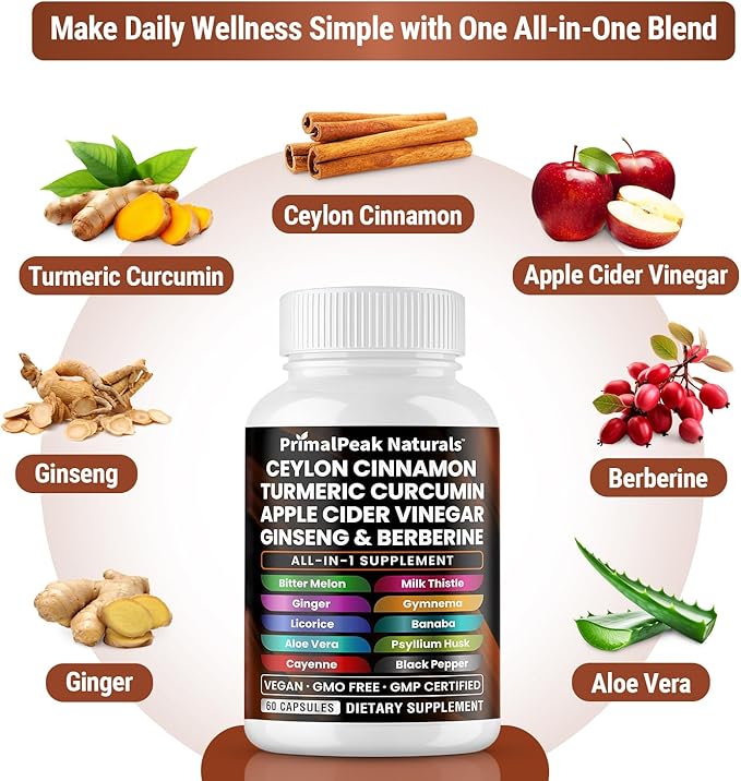 Ceylon Cinnamon Apple Cider Vinegar Turmeric Curcumin Panax Ginseng Berberine with Bitter Melon Banaba Milk Thistle Gymnema Sylvestre Vegan Capsules - 180 Count
