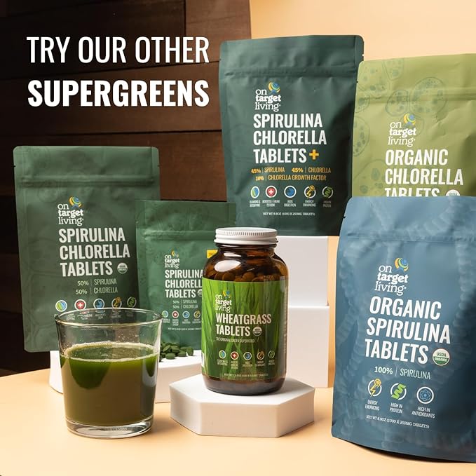 On Target Living Organic Spirulina Chlorella | Supergreens | USDA Organic | 1000 Tablets- 250 G (8.8 oz) | Vegan | Immune Support | Alkalyzing | Nutrient Dense | Protein Dense