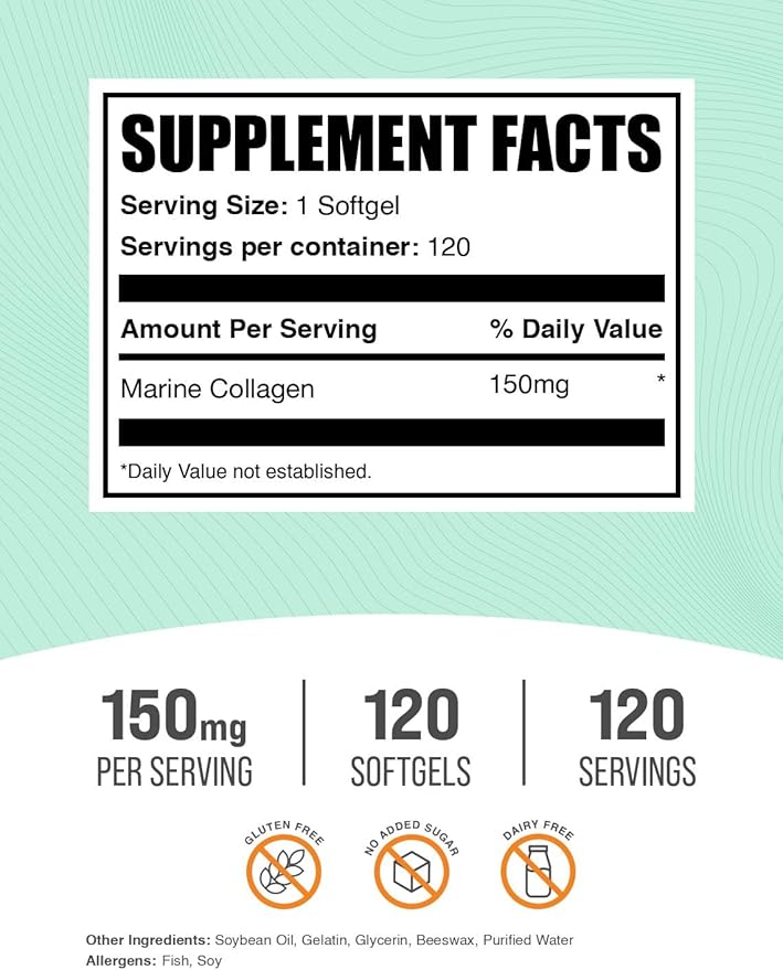 BulkSupplements.com Marine Collagen Softgels - Collagen Supplement, Collagen for Women & Men, 150mg of Collagen - Gluten Free, 1 Softgel per Serving, 120 Count (Pack of 1)