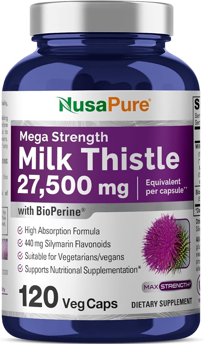 NusaPure Milk Thistle Extract 27,500mg 120 Veggie Capsules (50:1 Extract, Non-GMO, Vegan) Max Strength - Standardized 80% Silymarin, Bioperine