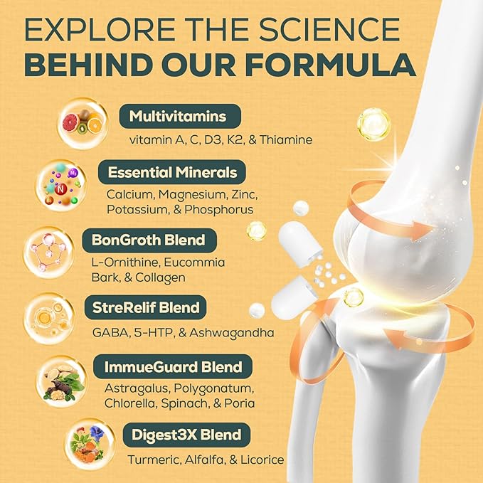 25-in 1 Bone Strength Supplement - for Natural Growth, Digestion and Stress - High Absorption - Calcium, Magnesium, Zinc, Ashwaganda and Multivitamins for Age 12+ | 2 Bottles