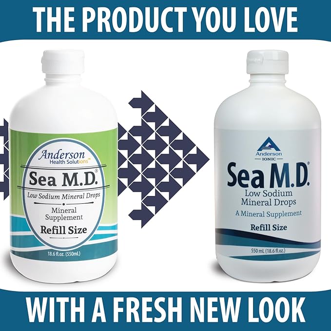 Anderson Sea M.D. New Refill Size Concentrated Trace Mineral Drops, Ionic Electrolyte Magnesium Supplement, Aids in Muscle Cramps, Liquid Magnesium, Easy to Take, 550mL, 275 Servings