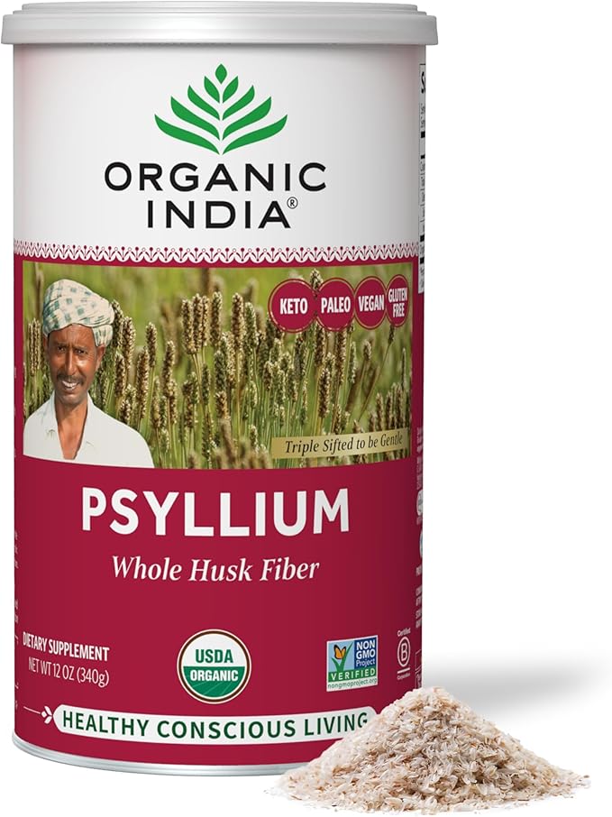 ORGANIC INDIA Whole Psyllium Husk Powder Organic - Psyllium Husk Fiber Supplement, Digestion Support, Vegan, Gluten-Free, Non-GMO, Soluble & Insoluble Fiber Source - 12 oz (Pack of 2)