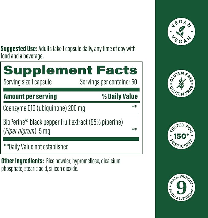 MegaFood High Absorption CoQ10 200mg Per Serving - with BioPerine Black Pepper Extract - Antioxidant Support for Cellular Energy & Healthy Aging - 60 Heart Health Supplements Capsules, 60 Servings