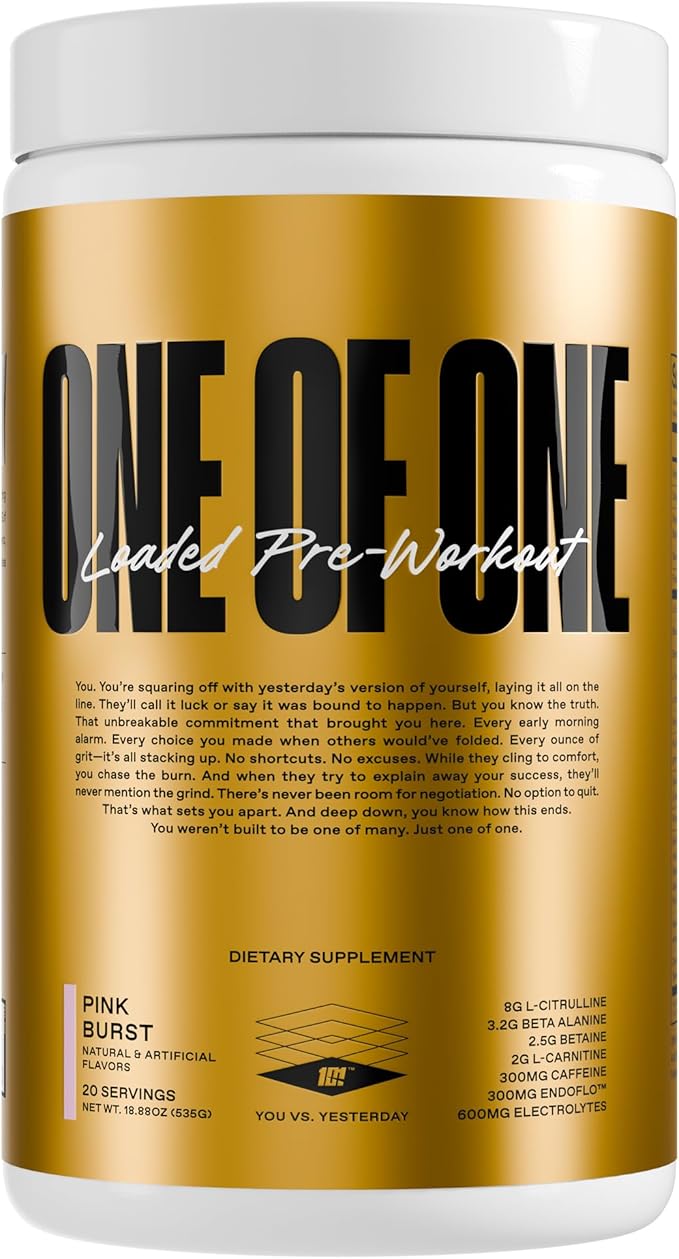 ONE of ONE Loaded Pre-Workout – High-Stim Energy, Focus & Endurance with EndoFlo™, Genius Pure™ Alpha GPC, NeuroRush™, Dynamine®, No Crash, Gluten Free – Pink Burst