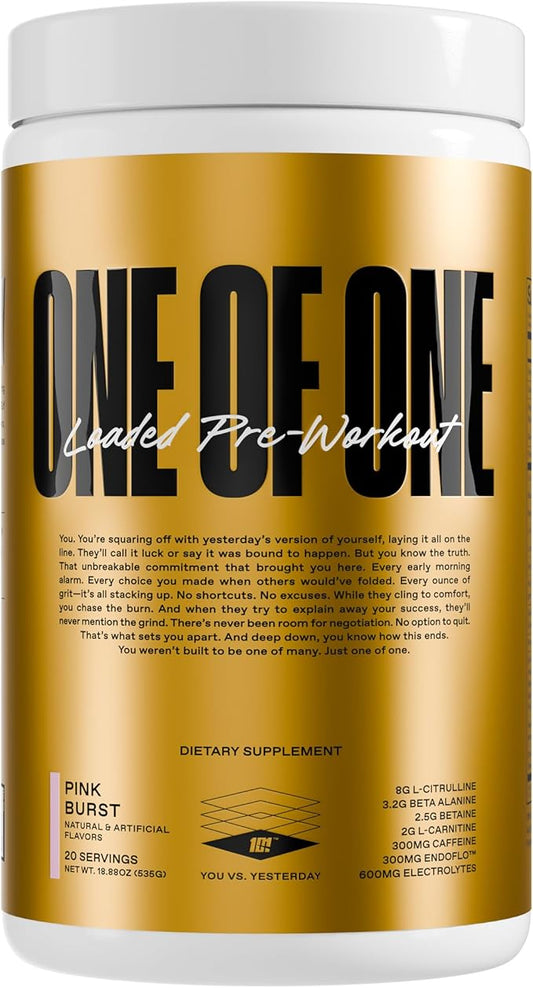 ONE of ONE Loaded Pre-Workout – High-Stim Energy, Focus & Endurance with EndoFlo™, Genius Pure™ Alpha GPC, NeuroRush™, Dynamine®, No Crash, Gluten Free – Pink Burst