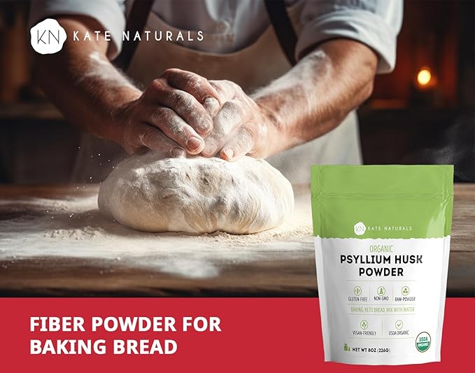 Kate Naturals Psyllium Husk Powder for Baking, Fiber. Psyllium Seed Powder for Dogs & Cats (8oz, Organic, Gluten Free, Pet Safe)
