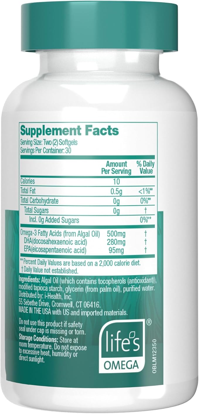 OVEGA-3 Plant-Based Omega-3 from Algal Oil Daily Supplement, 500mg, Supports Brain, Eye & Heart Health, Two mini softgels per Day, 60 Count