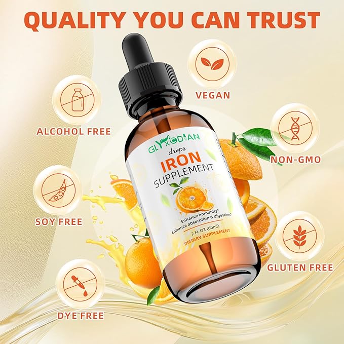 Iron Liquid Drops for Women & Men： Iron Drop 60ml 98% Absorption Liquid Iron Supplement Drops Supports Immunity Energy Red Blood Cell Production Relieves Fatigue Dizziness Natural Orange Flavor
