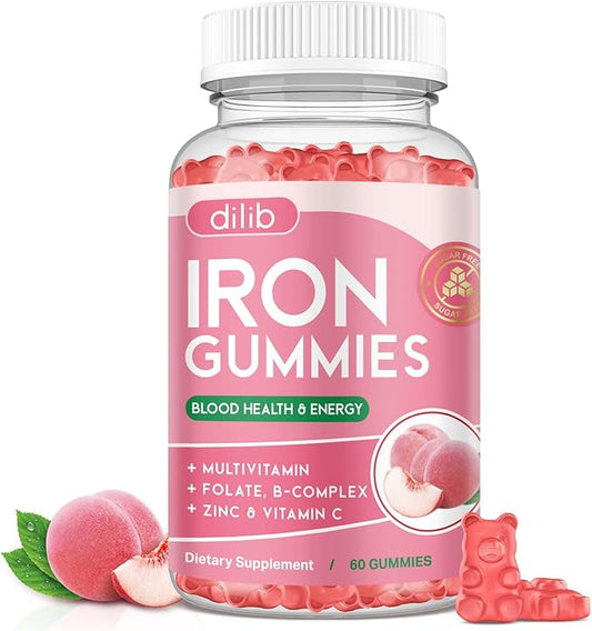 Iron Gummies with Multivitamin, Iron Supplement for Women & Men, Kids Multivitamin with Iron, Zinc, Vitamin B Complex & C, B12, Folate - Blood Builder, Energy Support, Peach Flavor, Vegan 60 Gummies