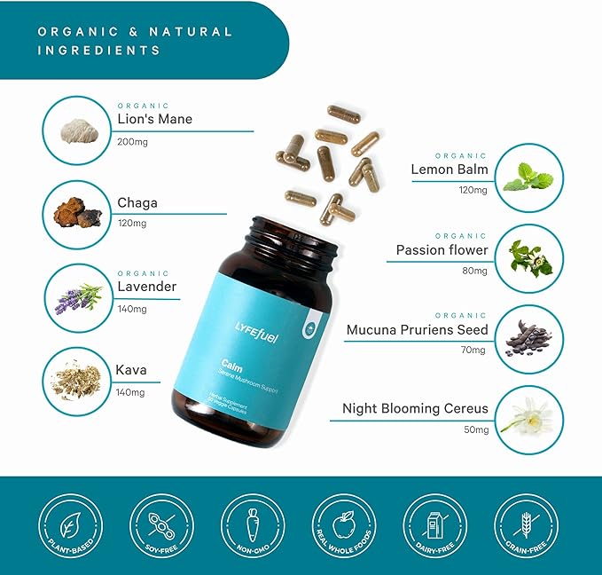 LyfeFuel Adaptogen Blend for Relaxation & Mood Support - Serene Whole Food & Organic Herb Complex to Calm Mind & Body | Lion’s Mane, Chaga, Kava, Lavender | 60 Vegan Capsules