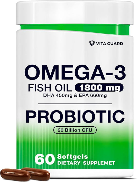 Omega-3 Fish Oil with Probiotics – 1800mg Fish Oil, 660mg EPA, 450mg DHA – Heart, Brain & Gut Support – 20 Billion CFU – Lemon-Flavored Burpless Softgels – Non-GMO, Gluten-Free