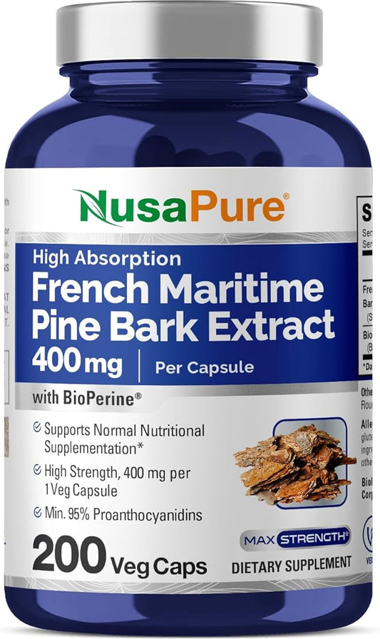 NusaPure French Maritime Pine Bark Extract 400mg per Veggie Caps 200-Day Supply Bioperine Non-GMO Vegan