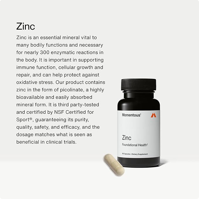 Momentous Zinc Picolinate 15 mg - Immunity & Hormone Support - Bioavailable Zinc Supplement - Promotes Joint Health & Lean Muscle Mass - NSF Certified for Sport - GMO-Free & Gluten-Free - 60 Servings