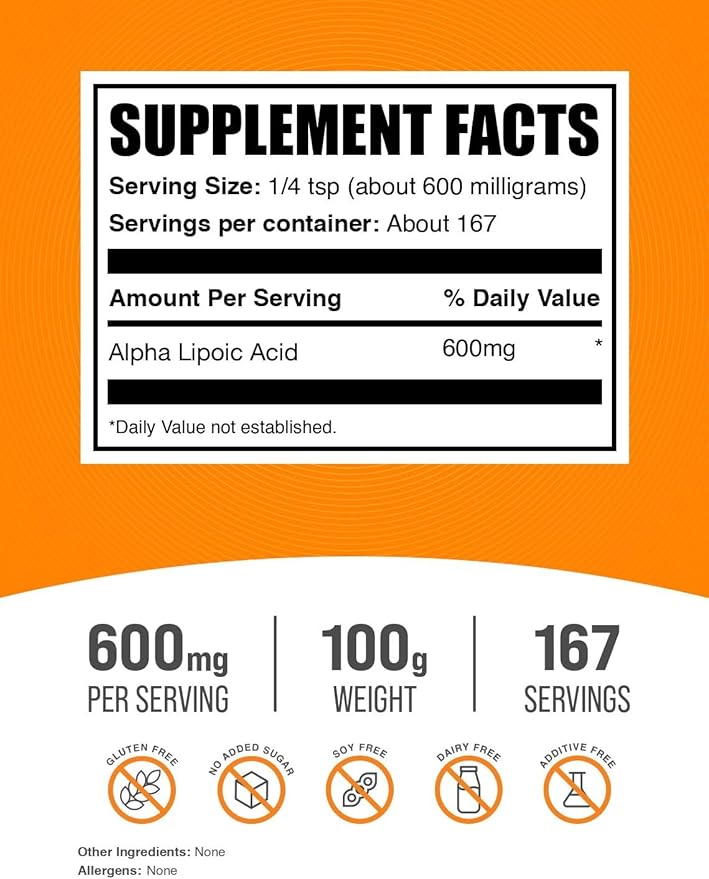 BulkSupplements.com Alpha Lipoic Acid Powder - ALA Supplement, Antioxidant Supplement - Gluten Free, 600mg per Serving, 100g (3.5 oz) (Pack of 1)