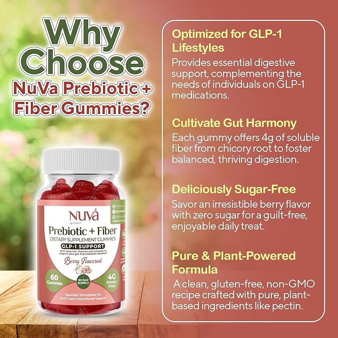 NuVa by Trulore Prebiotic + Fiber Gummies | GLP-1 User Nutritional Support | Sugar Free Fiber Gummies for Adults | Berry Flavor | Non-GMO Digestive Balance for Men & Women | 60 Gummies - 30 day Supply