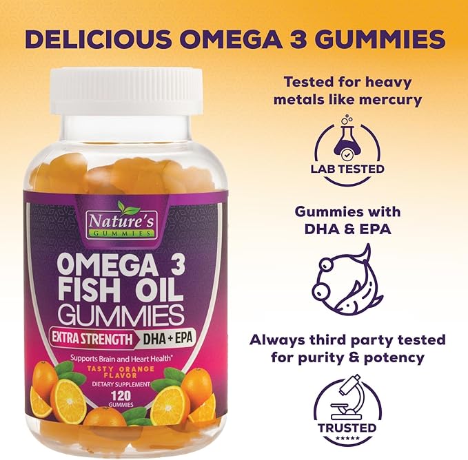 Omega 3 Fish Oil Gummies Triple Strength Vitamin - DHA & EPA with Fatty Acids for Heart Health, Joint, Brain Support Fish Oil Omega-3 Supplement Nature's High Absorption Orange Flavor Gummy, 120 Count