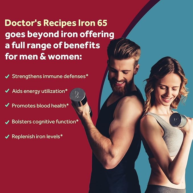 Doctor's Recipes Iron Supplement 65 mg with Vitamin C - Maximized Absorption & Stomach Friendly Iron Pills for Red Blood Cells Formation, Heart, Brain & Immunity Health - Vegan Non-GMO 120 Iron Tabs