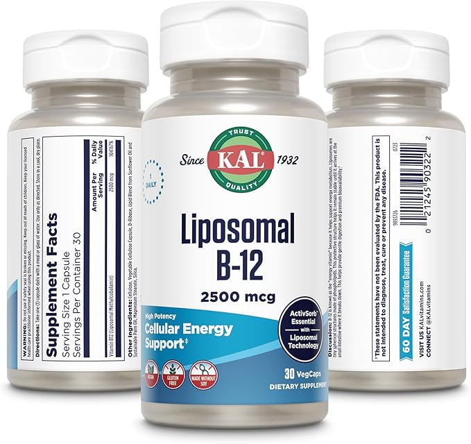 KAL Liposomal Vitamin B12 2500 mcg, High Absorption, Liposomal Technology, Cellular Energy Support, Vegan Capsules, Gluten Free, Made Without Soy, 30 Servings